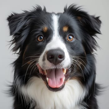 A close up of a Border Collie, a black and white herding dog breed, a carnivorous mammal with its mouth open, showing whiskers and snout