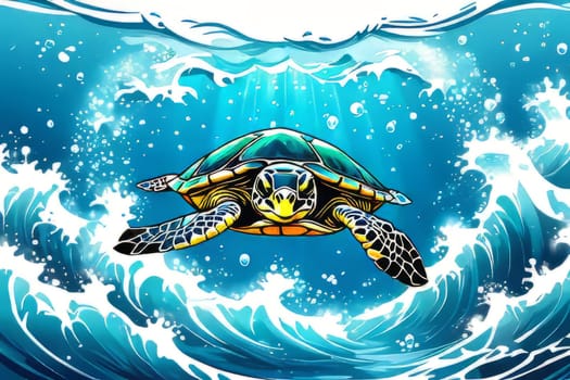 Turtle swimming in ocean, peacefully navigates its underwater world. For Tshirt design, fashion, clothing design, posters, postcards, other merchandise with marine theme, childrens books, tourism