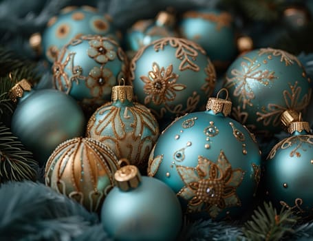 A collection of aqua Christmas ornaments made from natural materials are stacked creatively on a table. The electric blue patterns on the ornaments resemble unique jewellery