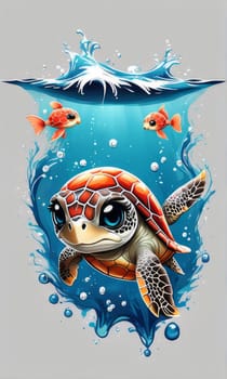 Turtle swimming in ocean, peacefully navigates its underwater world. For Tshirt design, fashion, clothing design, posters, postcards, other merchandise with marine theme, childrens books, tourism