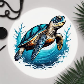 Turtle swimming in ocean, peacefully navigates its underwater world. For Tshirt design, fashion, clothing design, posters, postcards, other merchandise with marine theme, childrens books, tourism