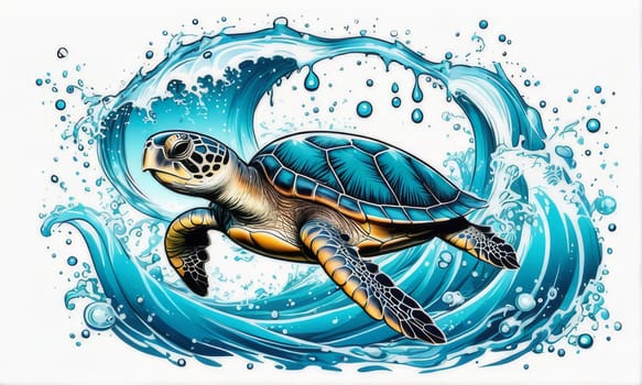 Turtle swimming in ocean, peacefully navigates its underwater world. For Tshirt design, fashion, clothing design, posters, postcards, other merchandise with marine theme, childrens books, tourism