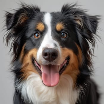 A close up of a Border Collie, a herding dog breed known for its intelligence and agility, with its tongue hanging out and whiskers on its snout