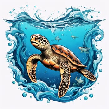 Turtle swimming in ocean, peacefully navigates its underwater world. For Tshirt design, fashion, clothing design, posters, postcards, other merchandise with marine theme, childrens books, tourism