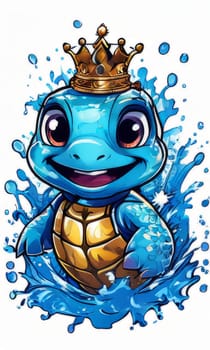 Majestic turtle wearing crown gracefully swimming in water, embodying regal elegance and natural beauty. For educational materials for kids, game design, tourism, stationery, Tshirt design, postcards