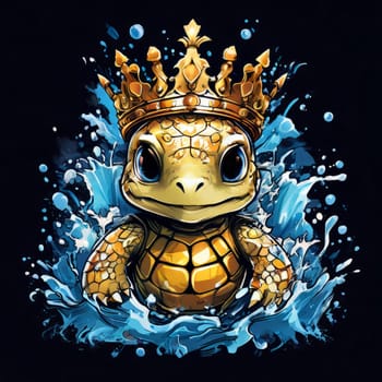 Majestic turtle wearing crown gracefully swimming in water, embodying regal elegance and natural beauty. For educational materials for kids, game design, tourism, stationery, Tshirt design, postcards