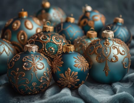 A collection of aqua and gold Christmas ornaments are arranged on a vibrant blue cloth, creating a striking display of creative arts and festive cheer