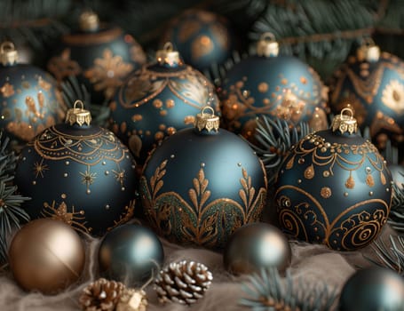 A variety of Christmas ornaments, including balls and pine cones, are displayed on a table as part of holiday decorations