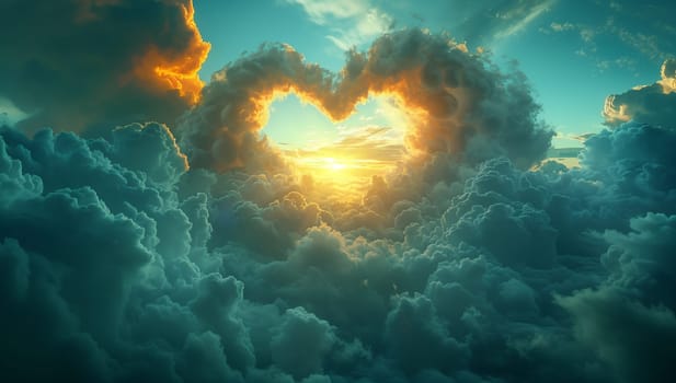 The sun is breaking through the fluffy cumulus clouds, creating a heartshaped lens flare in the sky, enhancing the natural landscape