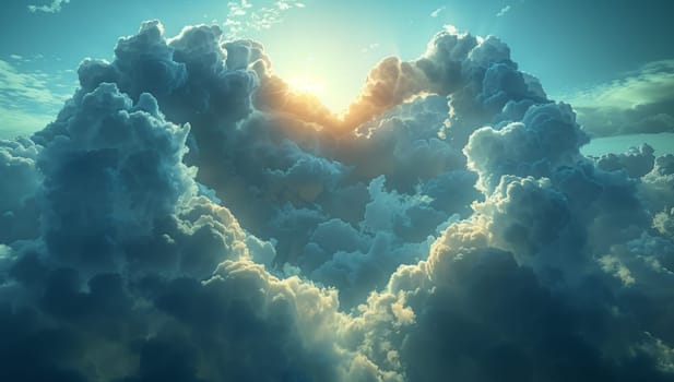 The sun is breaking through the cumulus clouds in the sky, creating a heartshaped formation in the natural landscape