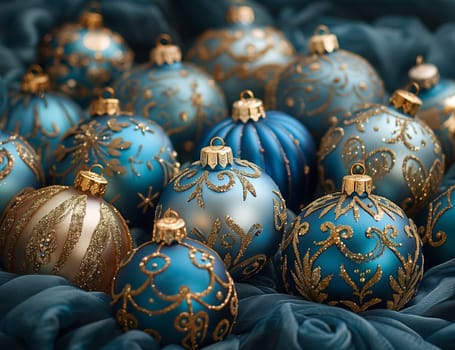 A collection of aqua and electric blue Christmas ornaments made of glass are displayed on a blue textile, creating a stunning pattern of colors and textures