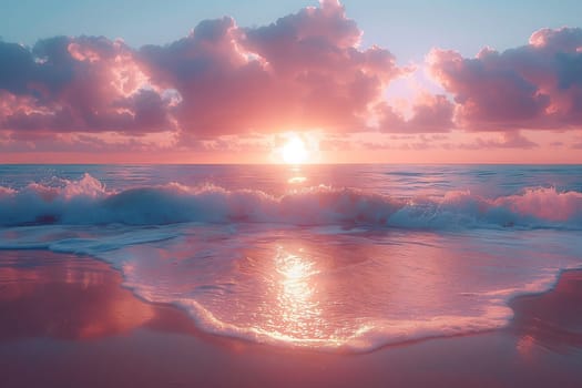 The sun is casting a warm afterglow over the ocean as the waves crash onto the beach, creating a stunning natural landscape against the colorful dusk sky