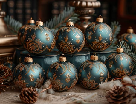 A collection of Christmas ornaments, including porcelain, ceramic, and metal artifacts, are arranged on a table, stacked on top of each other in electric blue hues