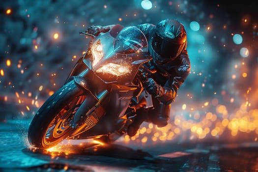 A fictional character riding an electric blue motorcycle through the darkness in a CG artwork inspired by an action film. The scene features supernatural creatures and futuristic graphics
