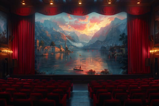 An empty performing arts theater with a large magenta painting displayed on the wall, ready for an event to take place