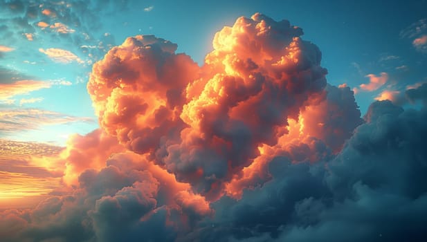 A cumulus cloud in the shape of a heart floats in the orange sky at sunset, creating a beautiful geological phenomenon in the landscape