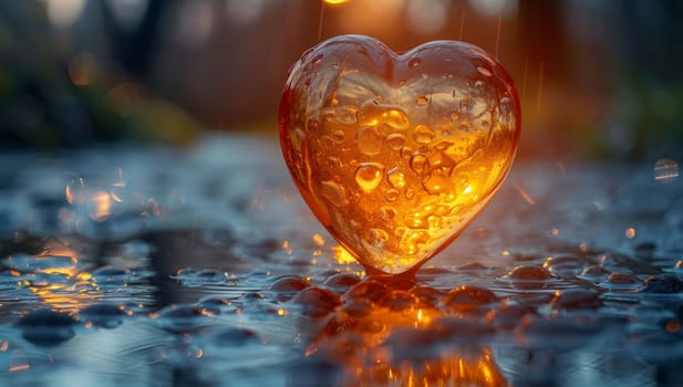 An amber glass heart rests on a fluid surface, creating a captivating display of reflections. This macro photography captures the beauty of water and light meeting in harmony