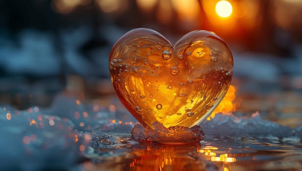 A glass heart floats in the liquid while a candle flickers in the background. The serene scene captures a happy moment at an event by the water