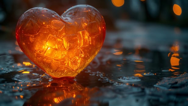 A heartshaped object is peacefully floating in the liquid, creating a beautiful scene in the natural landscape. The reflective surface of the water adds a touch of magic to the event
