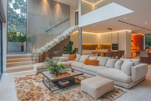 The living room features property and building fixtures, including a couch, staircase, and wood furniture. Interior design and lighting complement the space, with plants adding a touch of nature