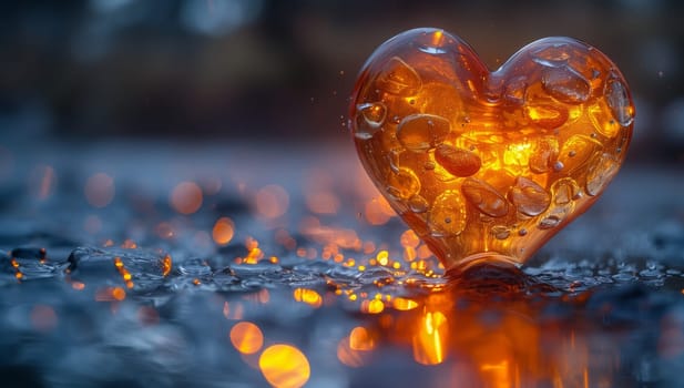 An electric blue heartshaped object is peacefully floating in the water, creating a beautiful and happy natural landscape in closeup detail