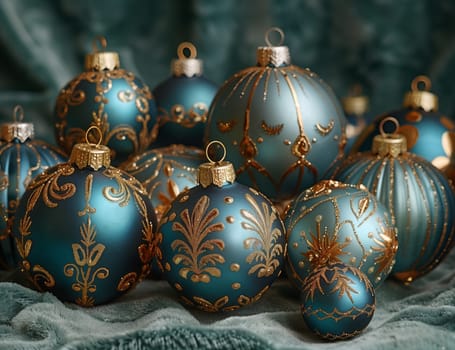 A variety of blue and gold Christmas ornaments are displayed on a table, showcasing creative arts and holiday decorations in the form of beautiful ornaments