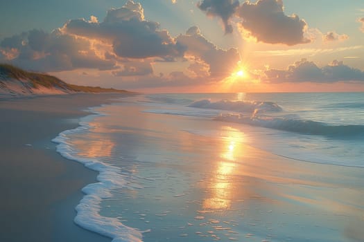 The sun is setting on the horizon, painting the sky with vibrant colors over the ocean. Clouds drift peacefully in the atmosphere as the water glistens in the dusk light on the coastal beach