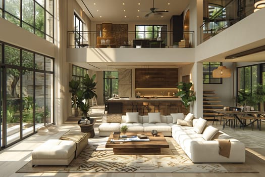 This building in a residential area boasts an interior design with lots of windows and furniture, creating a cozy atmosphere with natural light and views of the surrounding plants and trees