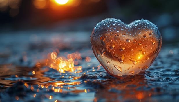 A glass heart, shimmering with water drops, rests on the ground under a cloudy sky. The fluid inside glistens in the light, capturing a moment of beauty in the natural landscape