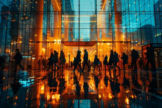 A group of people are walking through a glass building in the city at night, admiring the art and reflections in the facade. The world outside is dark, but the building sparkles with light and heat