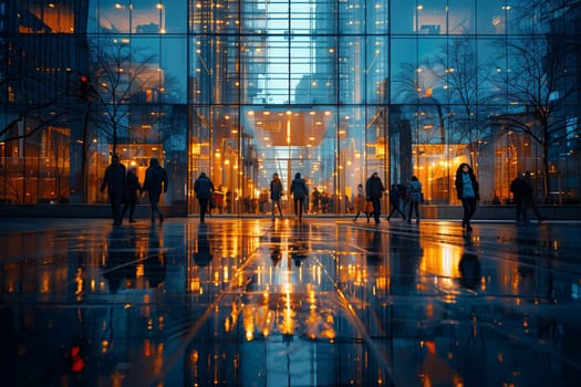 A group of people stroll past the water reflecting the electric blue lights of the world building at night, admiring the symmetrical glass facade and flooring in the city