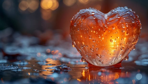 The heartshaped candle sits in a pool of water, surrounded by reflections of the natural landscape. The liquid gently caresses the glass holder, creating a sense of serenity and sweetness in the air