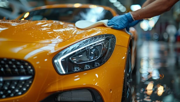 A person is using a sponge to clean the yellow cars automotive exterior, including the hood, bumper, and headlamps