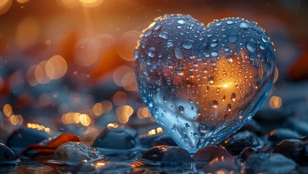 A heartshaped formation made of liquid droplets in electric blue sits atop a rocky surface. This macro photography art captures a unique event in nature, resembling an astronomical object