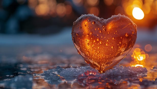 An amber heartshaped object rests on a frozen liquid surface, surrounded by a cloudy sky. The macro photography captures the intricate details of this landscape