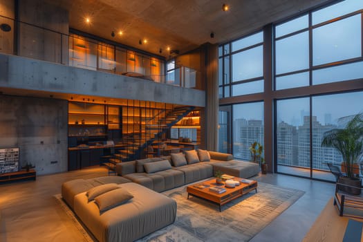 A spacious living room in a house with multiple windows, showcasing a comfortable couch and wooden furniture. Interior design features include flowerpots with plants