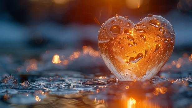 A heartshaped ice sculpture is gracefully floating in the liquid amber water, adding a touch of romance to the natural landscape