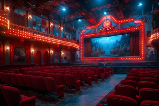 A performing arts center with an empty theater featuring electric blue and magenta seats, a large screen, and dim lighting creating a mysterious atmosphere