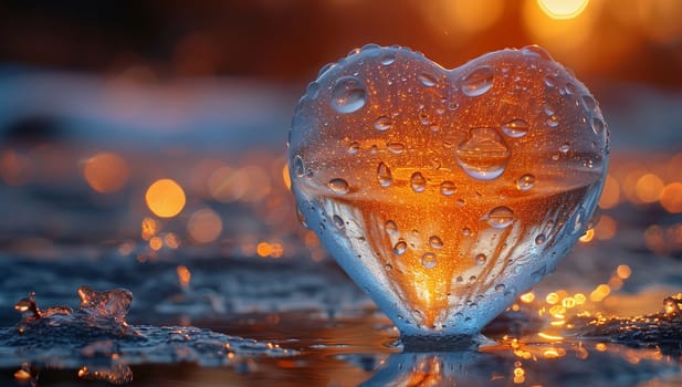 An electric blue heartshaped ice sculpture with water drops is floating in the fluid natural landscape, creating a stunning art piece in the world of liquid organisms