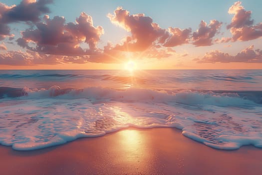 The sun is setting, casting a warm glow over the ocean. Waves crash against the beach, creating a peaceful atmosphere in the natural landscape