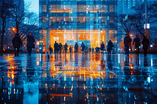A group of individuals is strolling in front of a building in the city at night, marveling at the illuminated facade. The urban metropolis comes alive with water features and public spaces