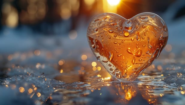 A heart shaped ice sculpture is elegantly floating in the liquid amber waters, creating a happy and beautiful scene at the event. The ice is like glass jewellery, reflecting heat and fluid movement