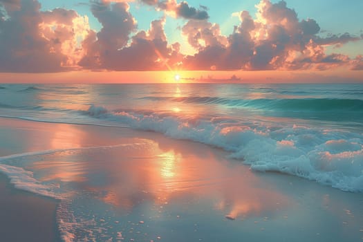 As the sun sets over the ocean, the waves crash onto the beach under a sky filled with clouds. The natural landscape transforms into a beautiful dusk scene filled with liquid water resources