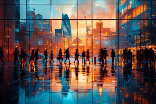 A group of individuals strolls in front of a historic landmark at sunset, admiring the symmetry and tints of the natural landscape with shades of electric blue reflecting off the buildings facade