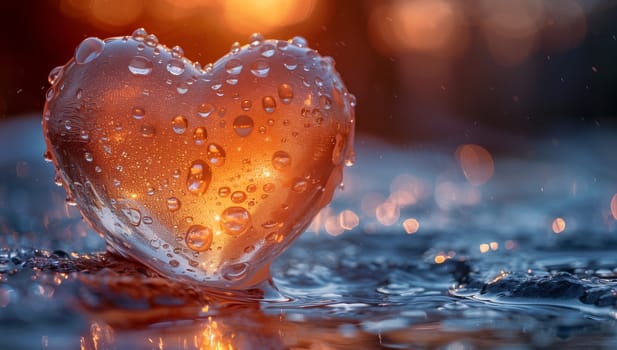 A heartshaped ice cube is slowly melting in the liquid water, creating a happy moment in the natural landscape with the heat causing it to gradually disappear