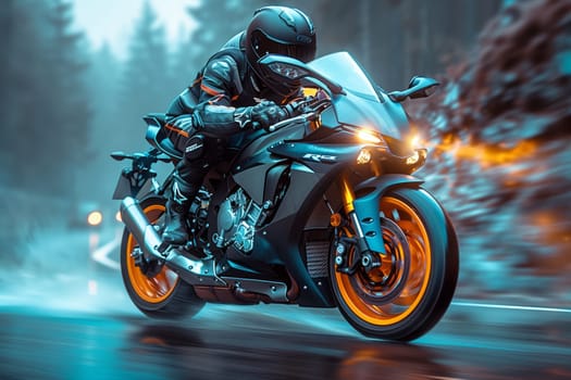 A man is riding a motorcycle with wet tires on the road. The vehicles headlamp shines through the rain, highlighting its sleek automotive design