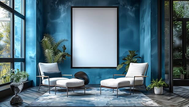 A living room in a bluewalled building with white chairs, a rug, and a large window. Interior design includes furniture, plants, and fixtures