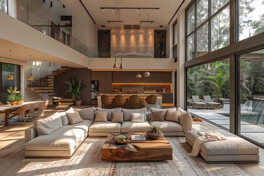 This living room in a modern building features hardwood floors, plenty of windows, a cozy couch, and plant decor, creating a warm and inviting interior design