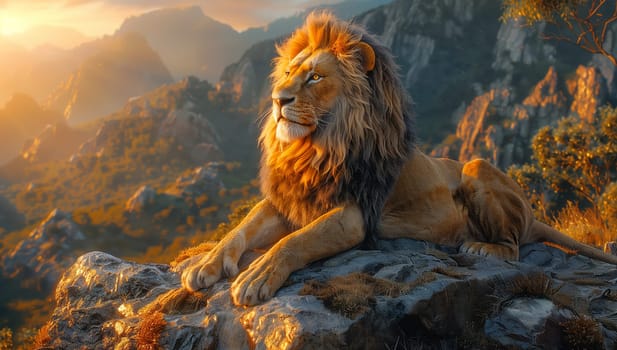 A Felidae carnivore, the lion, is depicted sitting on a rock in the mountains in a painting. This majestic big cat belongs to the Terrestrial animal group