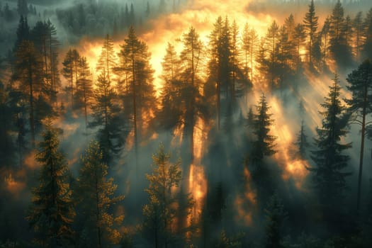 The sunrise creates a magical atmosphere in the foggy forest, with the sun shining through the larch trees, casting a warm glow on the natural landscape